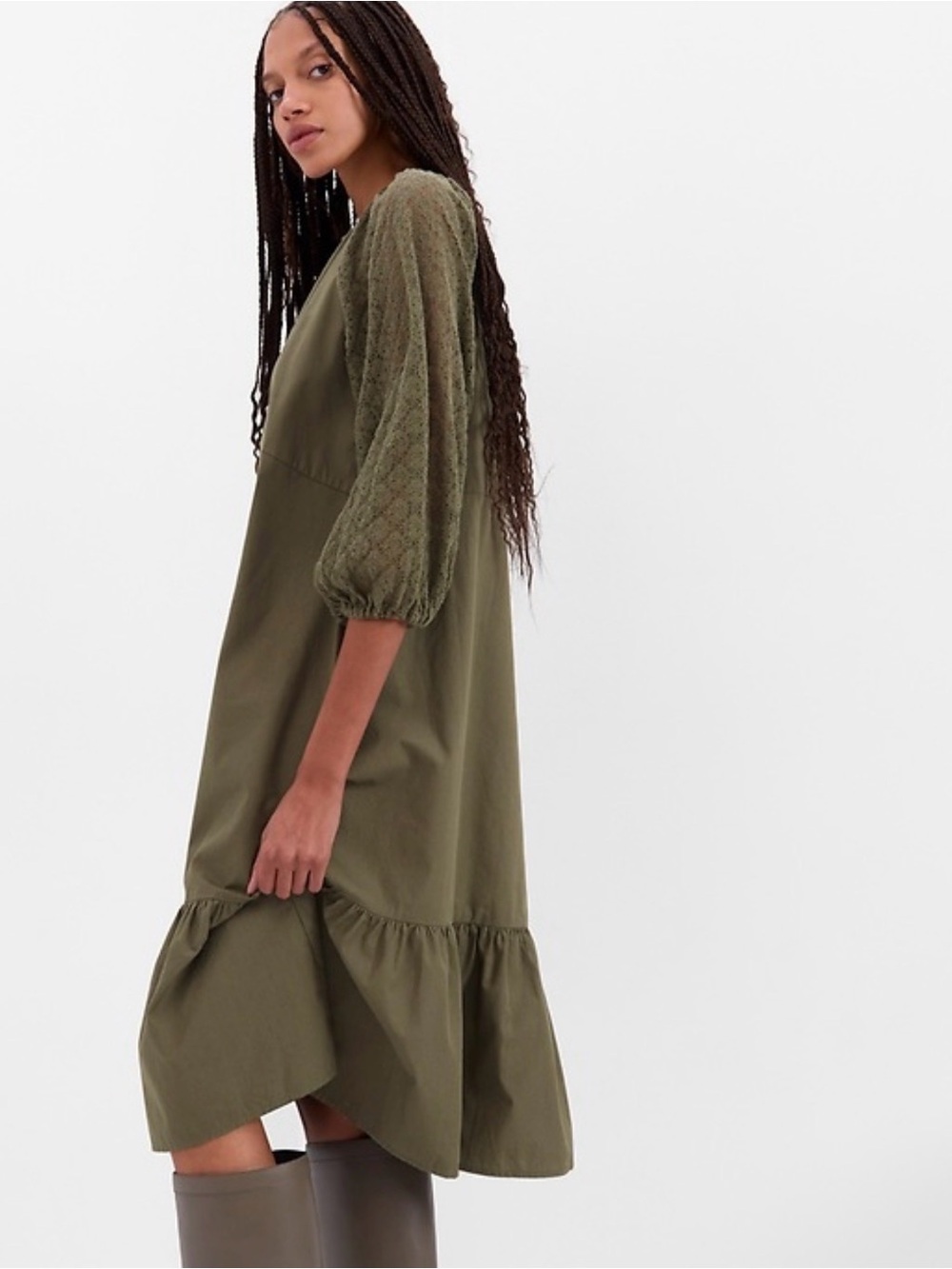Gap dress with lace like sleeves and tiers of fabric for a comfortable fit